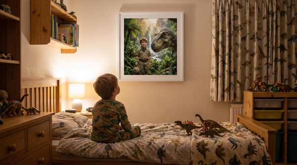 Dino-Geschenk für Kinder: Junge im Dino-Schlafanzug betrachtet sein personalisiertes Dino-Poster