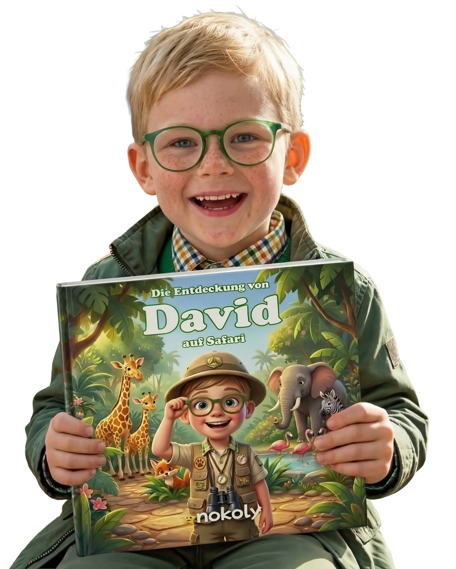 Ein Junge hält sein personalisiertes Nokoly-Buch in der Hand