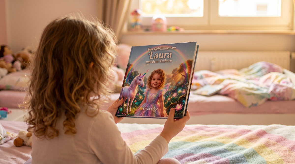 Einhorn-Geschenk für Mädchen: Mädchen sitzt auf dem Bett und hält ihr personalisiertes Einhorn-Kinderbuch