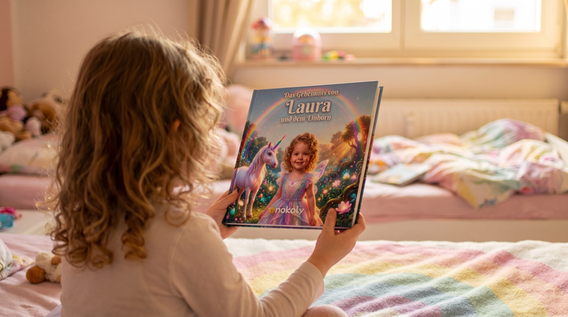 Einhorn-Geschenk für Mädchen: Mädchen sitzt auf dem Bett und hält ihr personalisiertes Einhorn-Kinderbuch