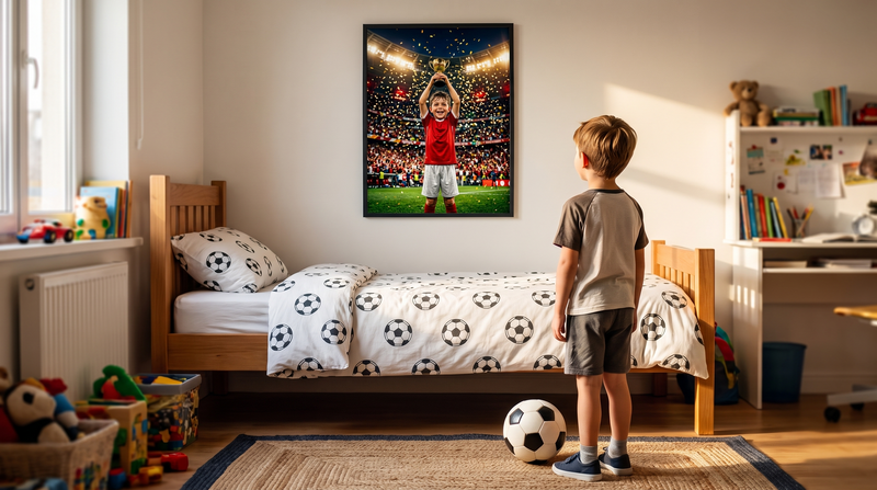 Fußball-Geschenk für Kinder: Junge steht im Kinderzimmer vor seinem personalisierten Fußball-Poster mit Pokal