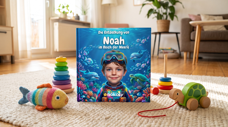 Geschenk für 2-Jährige: personalisiertes Unterwasser-Kinderbuch zwischen Stapelturm, Holzschildkröte und gehäkeltem Fisch