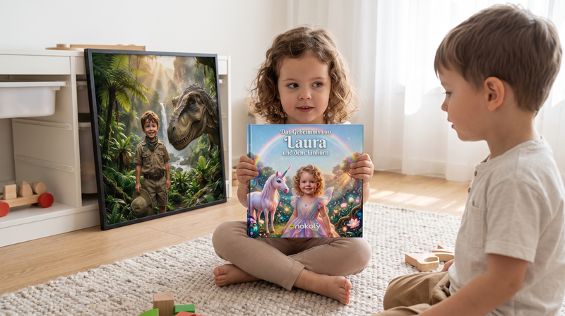 Vierjähriges Mädchen hält ihr personalisiertes Einhorn-Buch, dahinter ein Dino-Poster, Geschenk für 4-Jährige