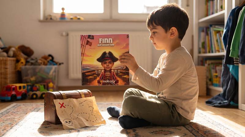 Geschenk für 5-Jährige: Junge hält sein personalisiertes Schatzsuche-Kinderbuch, daneben Schatzkiste und Schatzkarte