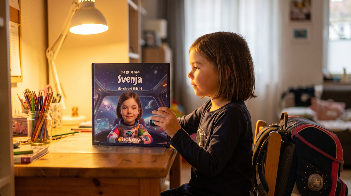 Geschenk für 6-Jährige: Mädchen am Schreibtisch mit ihrem personalisierten Weltraum-Kinderbuch