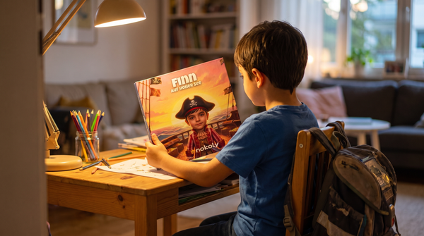 Geschenk für 7-Jährige: Schulkind liest am Schreibtisch seine personalisierte Schatzsuche