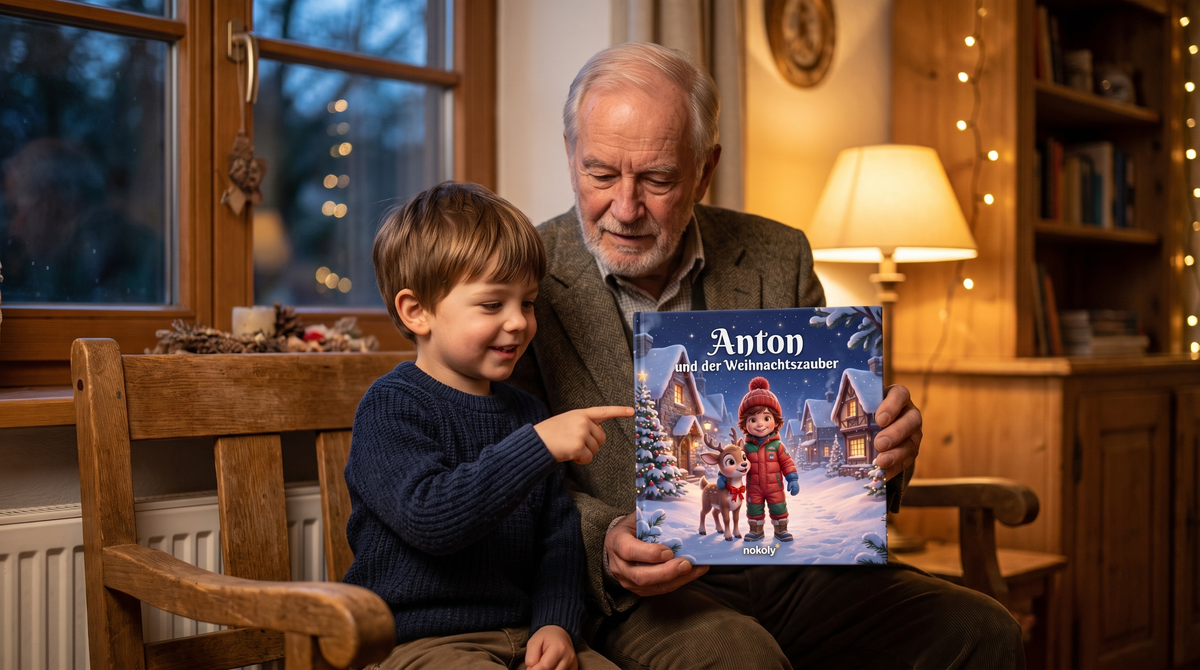 Opa liest seinem Enkel ein personalisiertes Weihnachtsbuch vor, Geschenk fürs Enkelkind