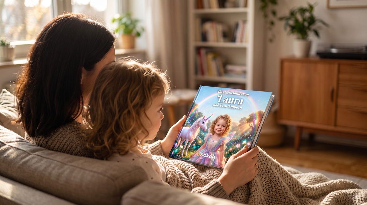 Geschenk für die Nichte: Tante und Nichte schauen gemeinsam das personalisierte Einhorn-Kinderbuch an