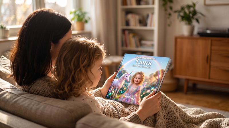 Geschenk für die Nichte: Tante und Nichte schauen gemeinsam das personalisierte Einhorn-Kinderbuch an