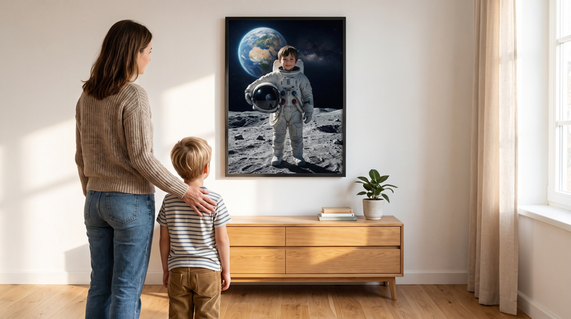Patin und Patenkind betrachten ein personalisiertes Astronauten-Poster im Kinderzimmer, Geschenk fürs Patenkind