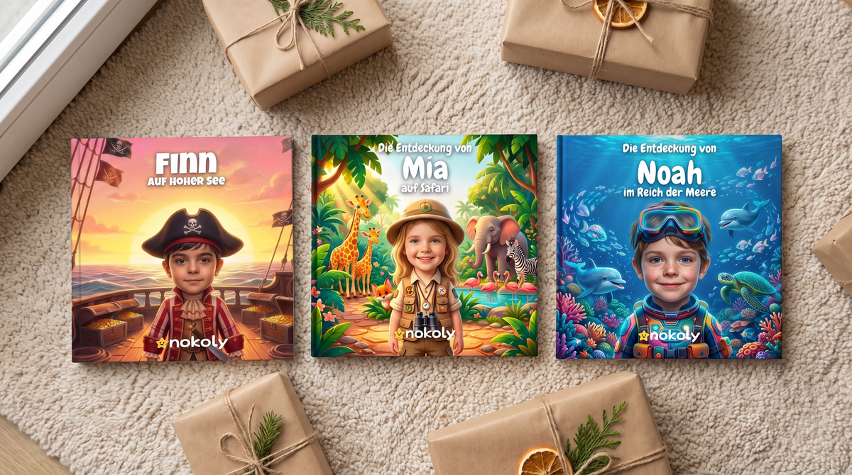 Geschenkideen für Kinder: drei personalisierte Kinderbücher, Schatzsuche, Safari und Unterwasserwelt, zwischen verpackten Geschenken