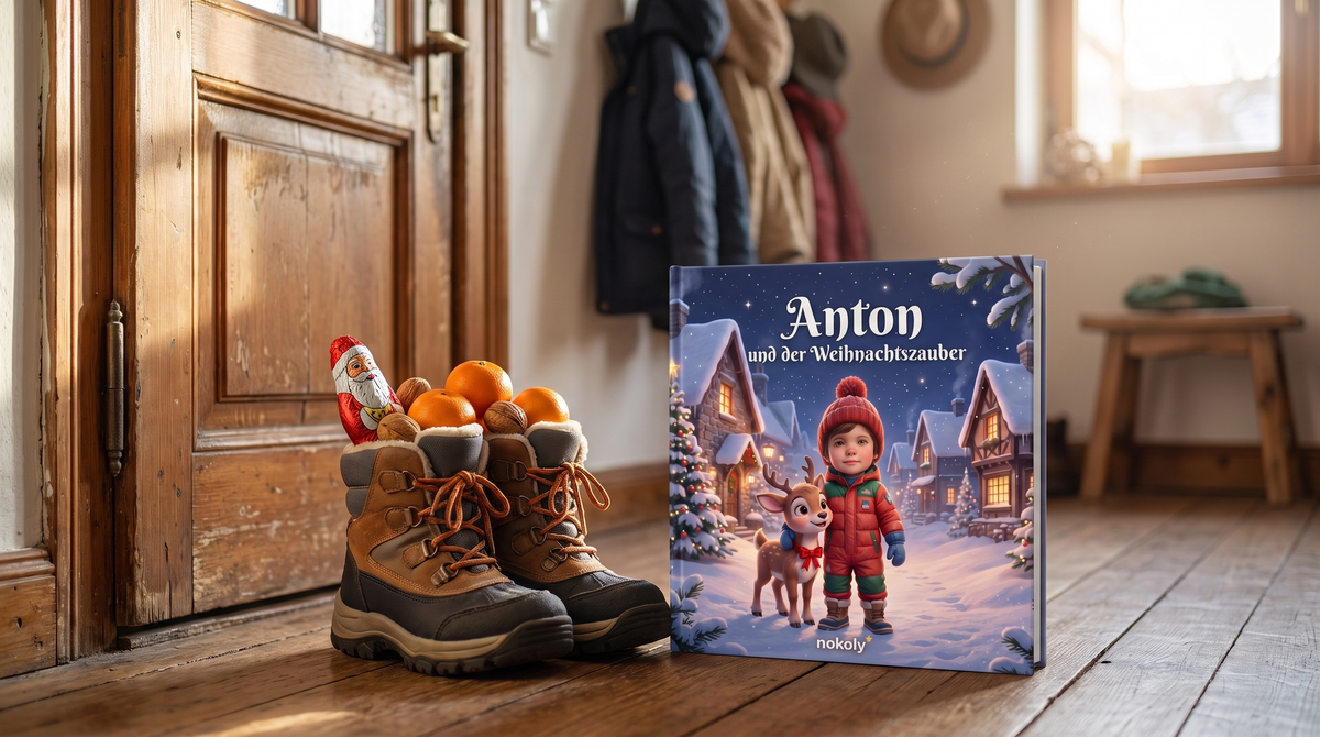Nikolausgeschenk für Kinder: gefüllte Stiefel mit Mandarinen und Schokoladen-Nikolaus neben dem personalisierten Weihnachtsbuch