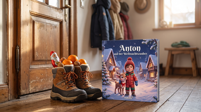 Nikolausgeschenk für Kinder: gefüllte Stiefel mit Mandarinen und Schokoladen-Nikolaus neben dem personalisierten Weihnachtsbuch