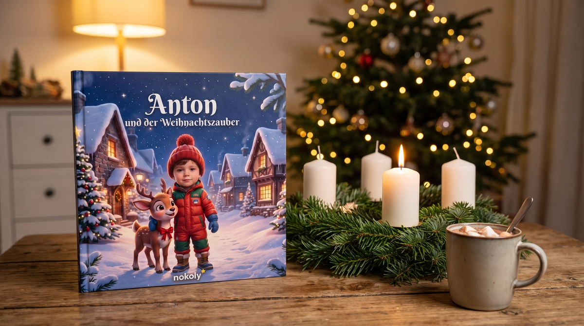 Personalisiertes Weihnachtsbuch mit dem Namen des Kindes neben Adventskranz und Kakao, im Hintergrund der Weihnachtsbaum