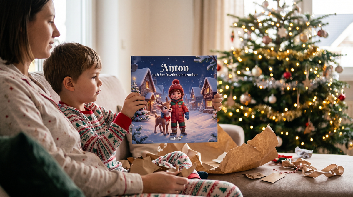 Kind hält am Weihnachtsmorgen sein personalisiertes Weihnachtsbuch hoch, personalisiertes Weihnachtsgeschenk für Kinder