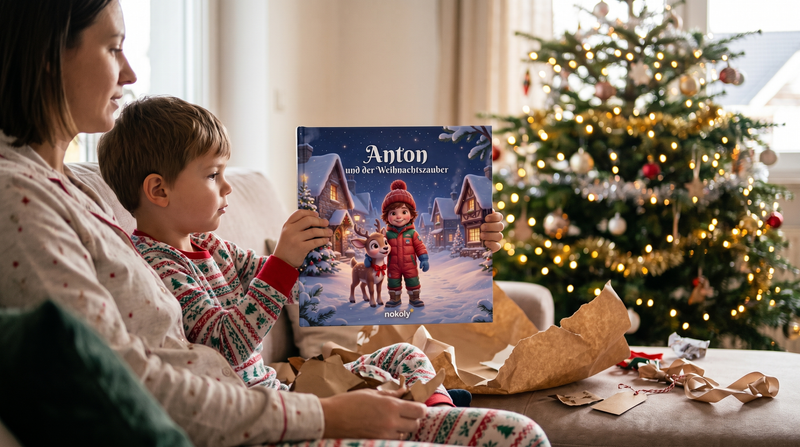 Kind hält am Weihnachtsmorgen sein personalisiertes Weihnachtsbuch hoch, personalisiertes Weihnachtsgeschenk für Kinder