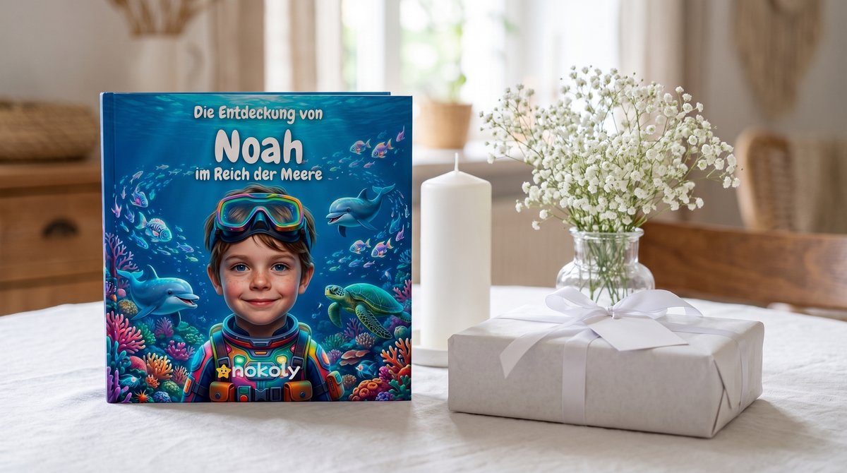 Taufgeschenk personalisiert: Kinderbuch mit Namen auf dem gedeckten Tauftisch neben Kerze, Schleierkraut und Geschenk