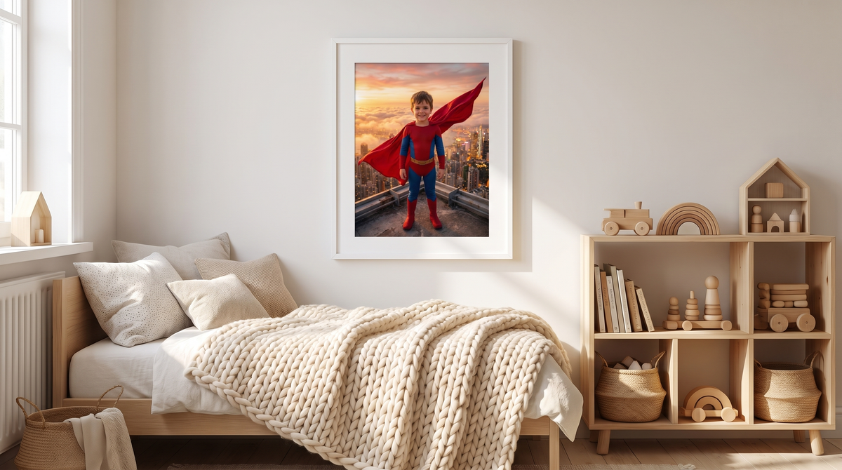 Wandbild im Kinderzimmer: personalisiertes Superhelden-Poster im weißen Rahmen über dem Bett