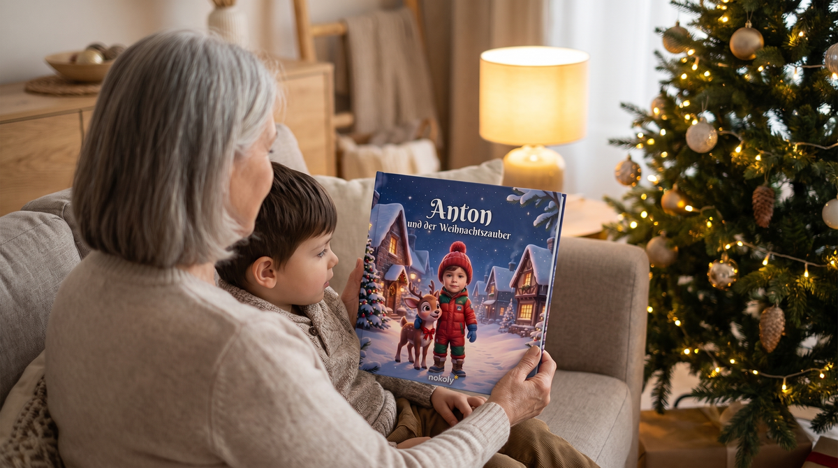 Weihnachtsgeschenk für den Enkel: Oma liest ihrem Enkel am Weihnachtsbaum aus seinem personalisierten Weihnachtsbuch vor