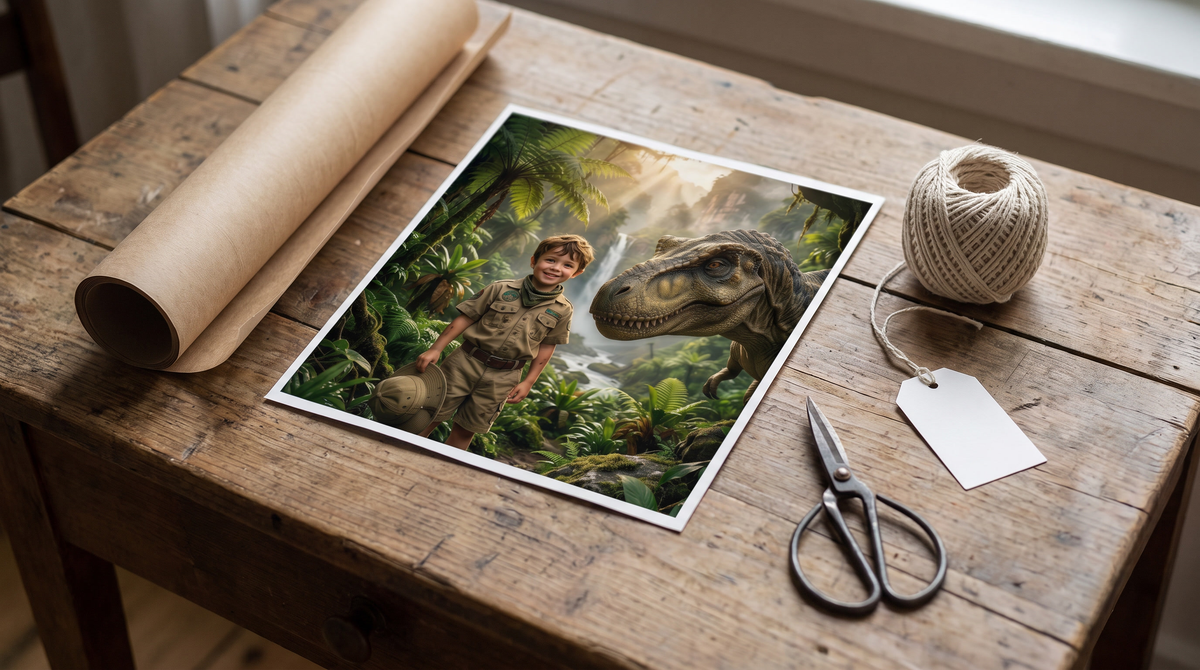 Weihnachtsgeschenk für Kinder unter 30 Euro: personalisiertes Dino-Poster mit Packpapier, Kordel und Anhänger auf einem Holztisch