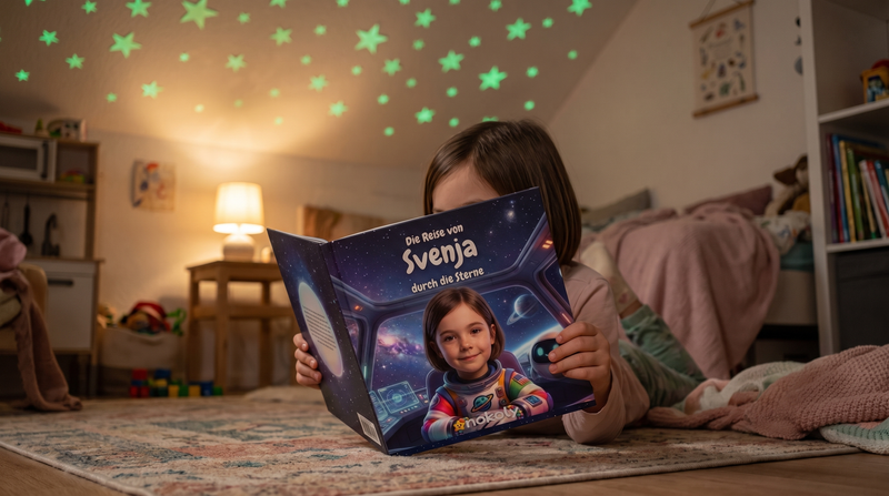 Weltraum-Geschenk für Kinder: Mädchen liest unter Leuchtsternen ihr personalisiertes Weltraum-Buch