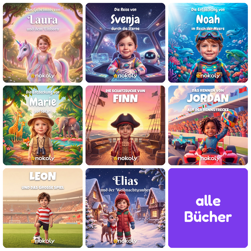 Alle personalisierten Kinderbuecher von Nokoly in der Uebersicht