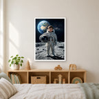 Astronauten-Poster im weißen Rahmen über dem Regal im Kinderzimmer