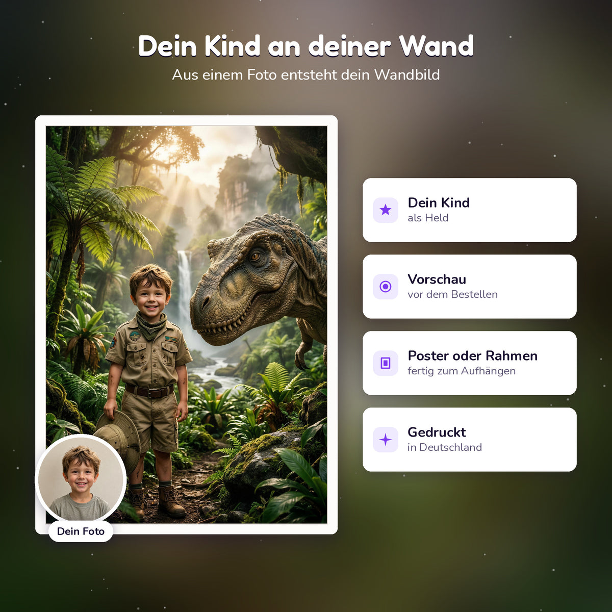 Personalisiertes Dino-Poster, so entsteht es aus dem Foto deines Kindes