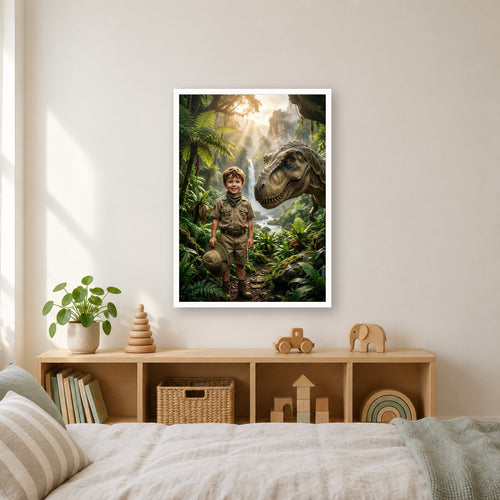 Dino-Poster im weißen Rahmen über dem Regal im Kinderzimmer