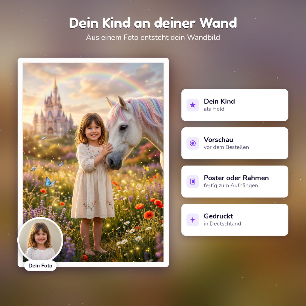 Personalisiertes Einhorn-Poster, so entsteht es aus dem Foto deines Kindes