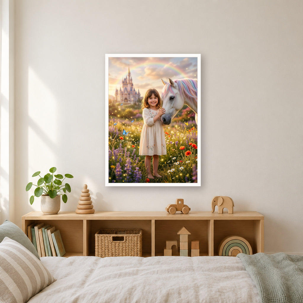 Einhorn-Poster im weißen Rahmen über dem Regal im Kinderzimmer