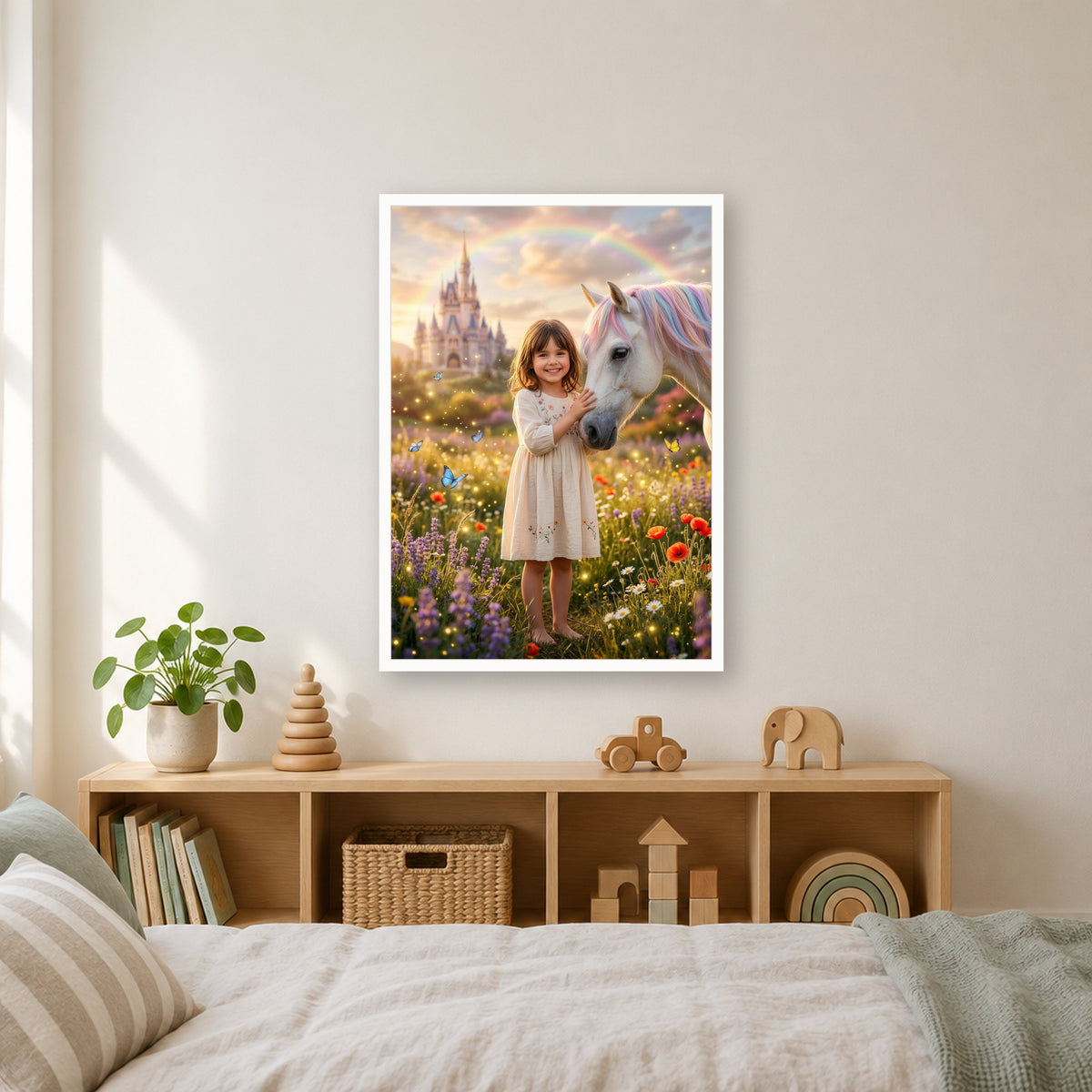 Einhorn-Poster im weißen Rahmen über dem Regal im Kinderzimmer