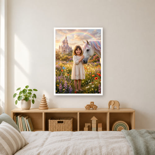 Einhorn-Poster im weißen Rahmen über dem Regal im Kinderzimmer