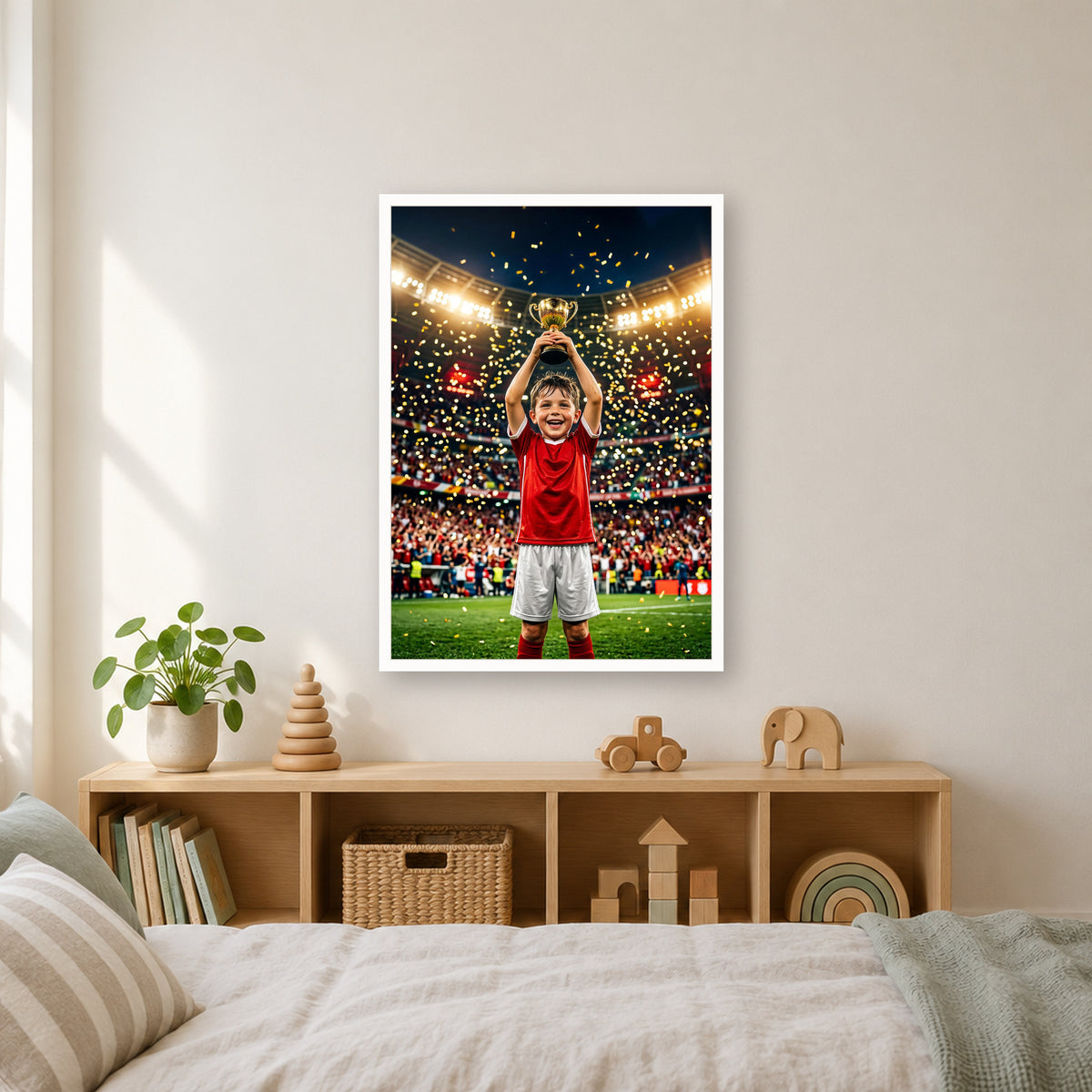 Fußball-Poster im weißen Rahmen über dem Regal im Kinderzimmer