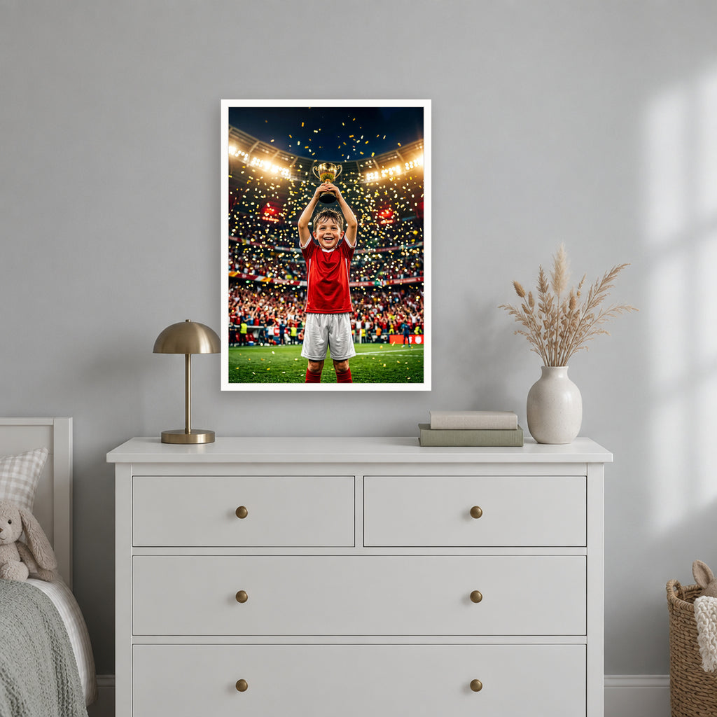 Fußball-Poster im weißen Rahmen über der Kommode im Kinderzimmer