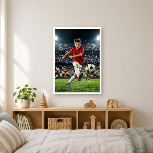 Fußballstar-Poster im weißen Rahmen über dem Regal im Kinderzimmer