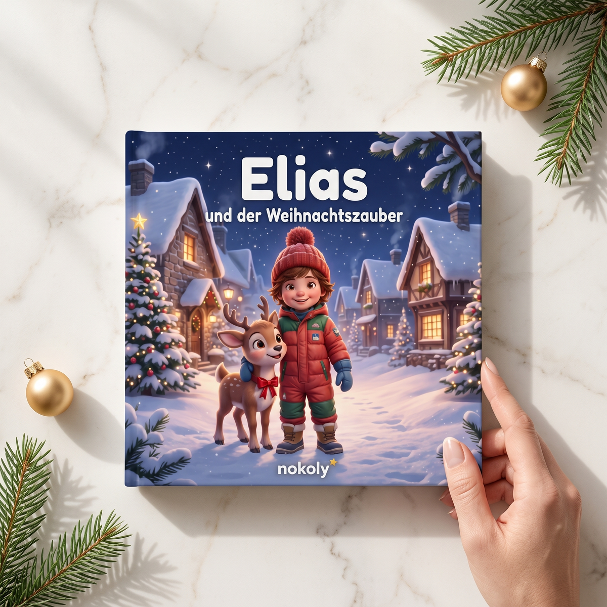 Weihnachtsbuch als Geschenk mit Tannenzweigen auf Marmor