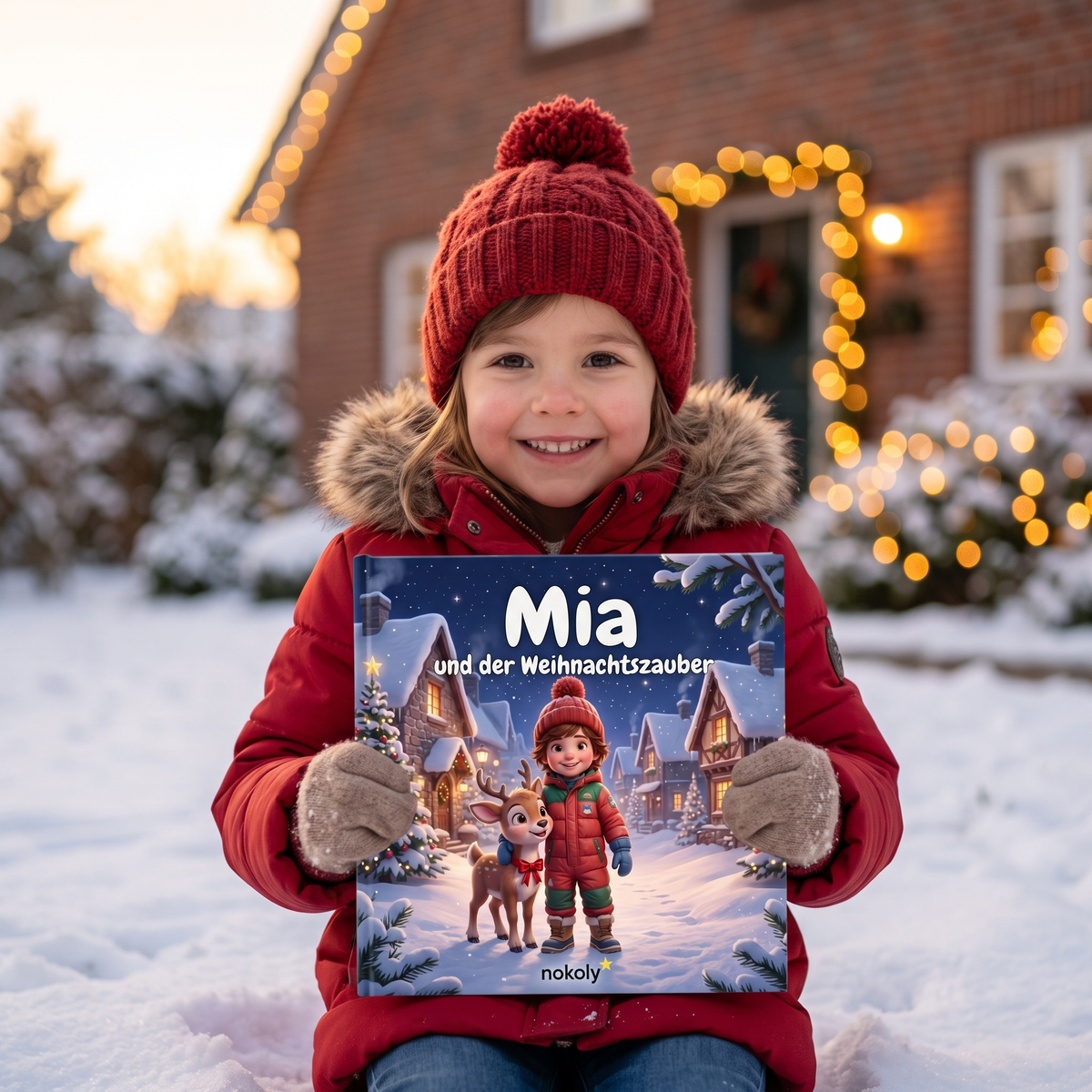 Kind hält sein personalisiertes Weihnachtsbuch im Schnee