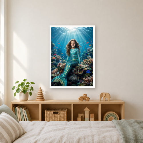 Meerjungfrauen-Poster im weißen Rahmen über dem Regal im Kinderzimmer