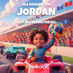 Das Rennen von Jordan auf der Rennstrecke, personalisiertes Rennfahrer-Kinderbuch Cover