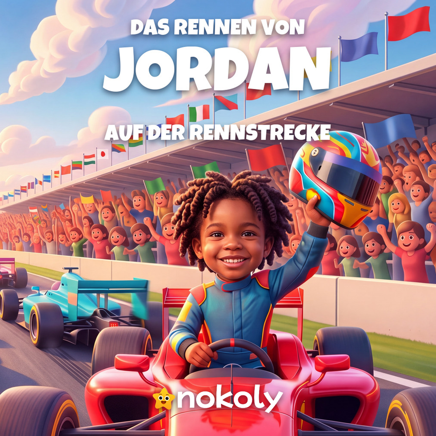 Das Rennen von Jordan auf der Rennstrecke, personalisiertes Rennfahrer-Kinderbuch Cover