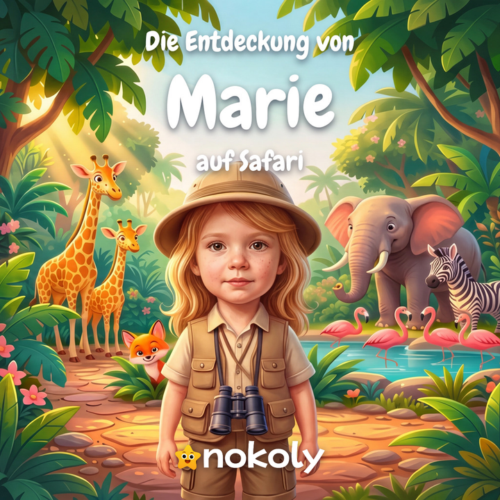 Die Entdeckung von Marie auf Safari, personalisiertes Safari-Kinderbuch Cover