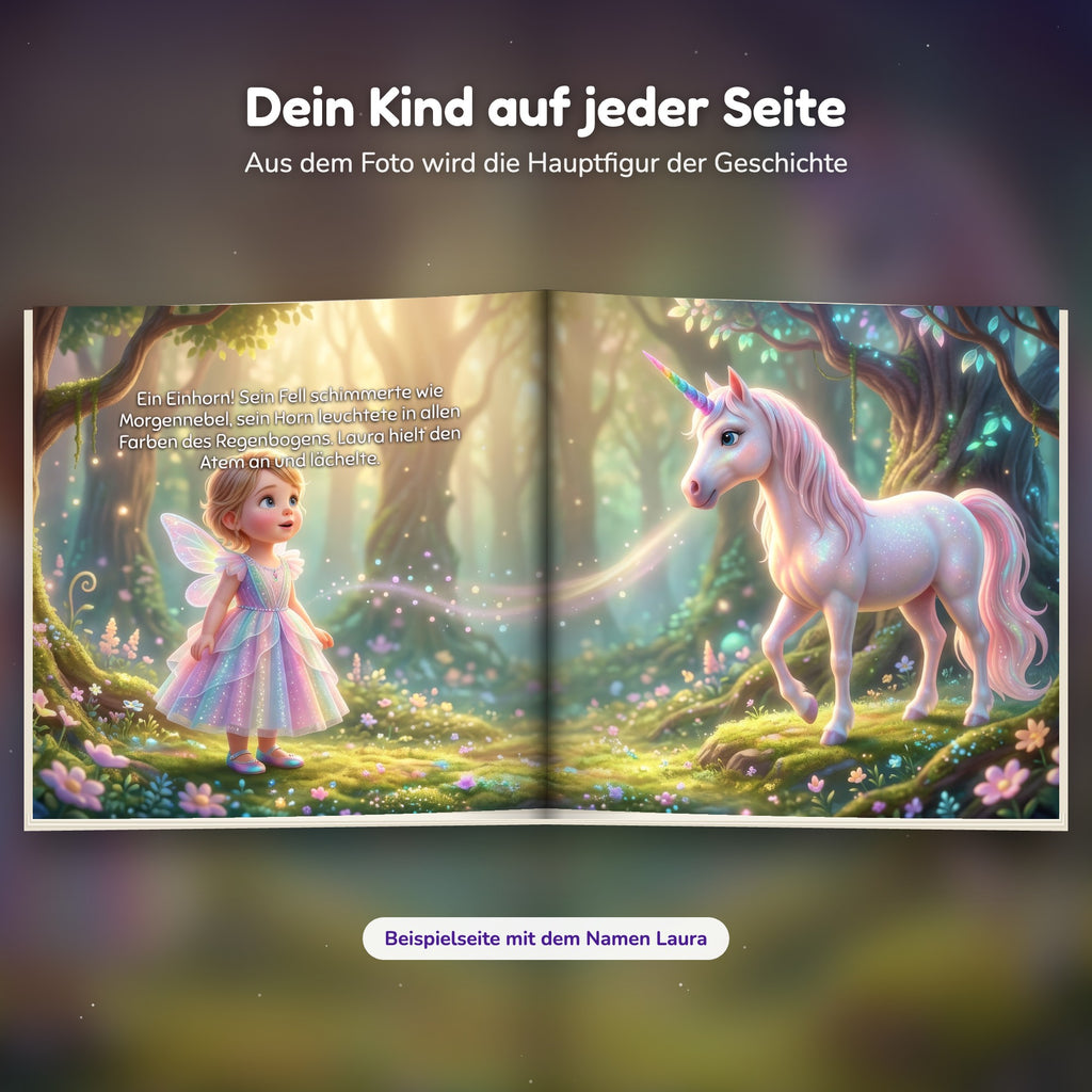 Innenseite Einhorn-Buch: das Kind trifft das Einhorn im Zauberwald