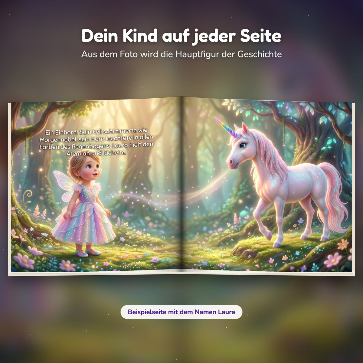 Innenseite Einhorn-Buch: das Kind trifft das Einhorn im Zauberwald