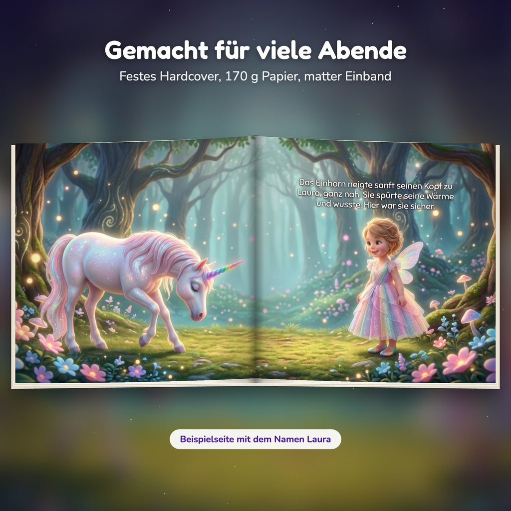Innenseite Einhorn-Buch: das Einhorn neigt den Kopf zum Kind