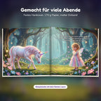 Innenseite Einhorn-Buch: das Einhorn neigt den Kopf zum Kind