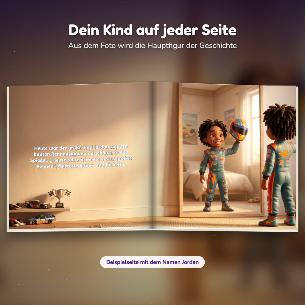 Innenseite Rennfahrer-Buch: das Kind im Rennanzug vor dem Spiegel