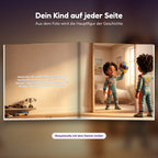 Innenseite Rennfahrer-Buch: das Kind im Rennanzug vor dem Spiegel