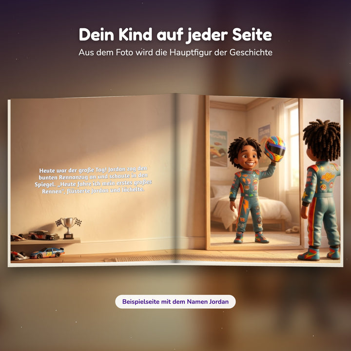 Innenseite Rennfahrer-Buch: das Kind im Rennanzug vor dem Spiegel