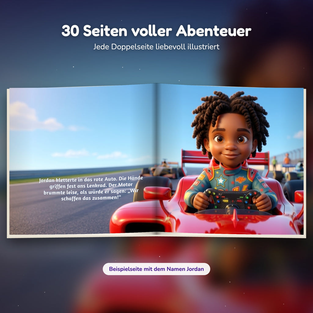 Innenseite Rennfahrer-Buch: das Kind sitzt im roten Rennauto